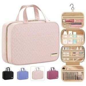 Pink Hanging Toiletry Bag Travel Makeup Organizer Waterproof Large Compartments